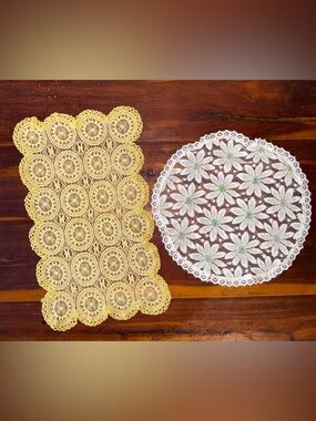 Vintage Floral Butterfly Lace Doily Set White Yellow